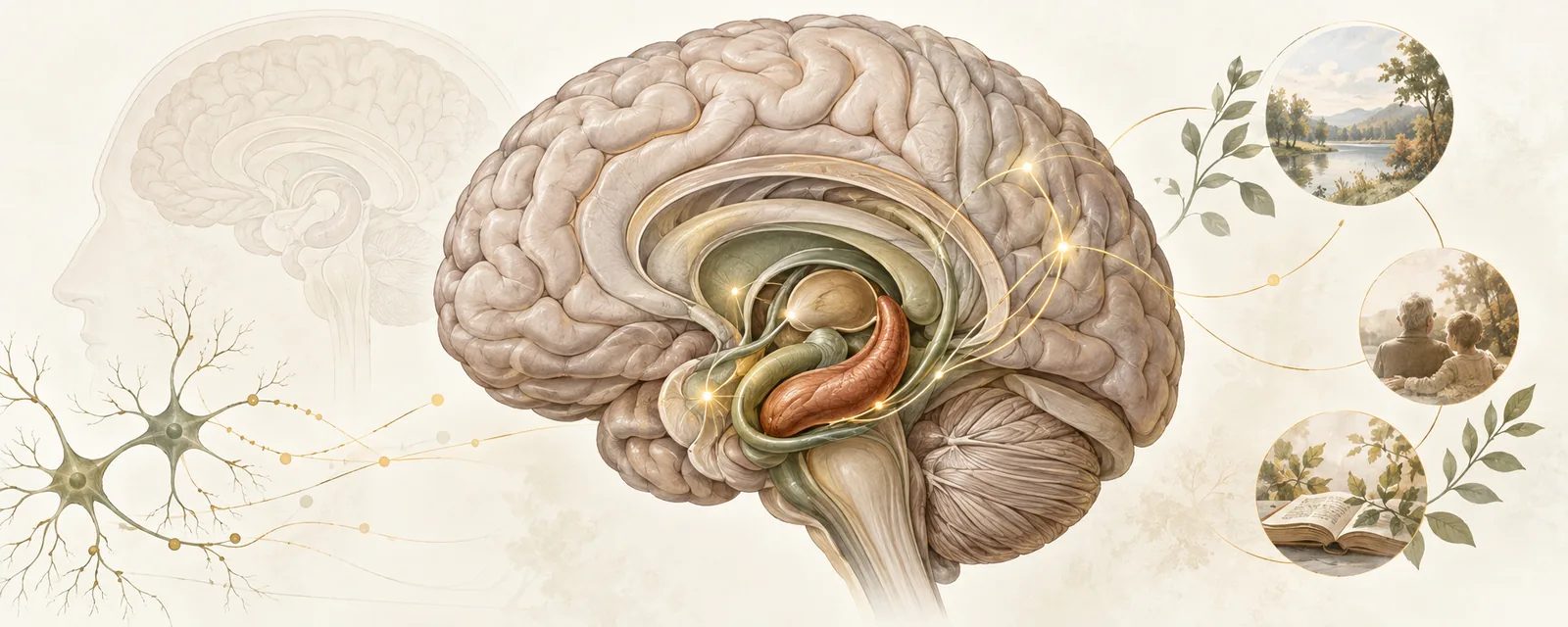 Anatomical brain with subtle emphasis on medial temporal memory-related structures