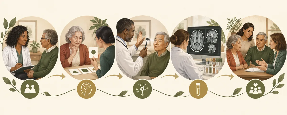 Clinical pathway from conversation and cognitive assessment to examination, testing, and care planning