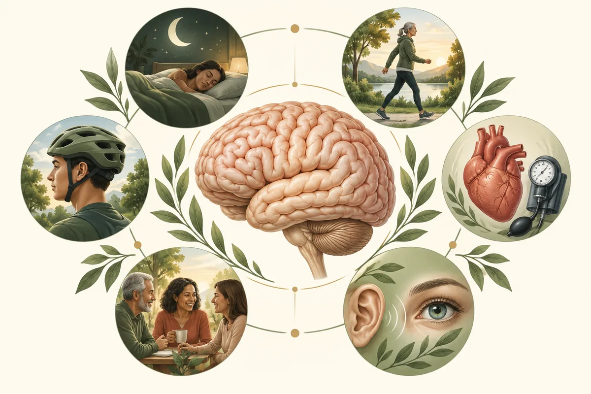 Brain surrounded by sleep, activity, heart health, social connection, sensory care, and injury protection