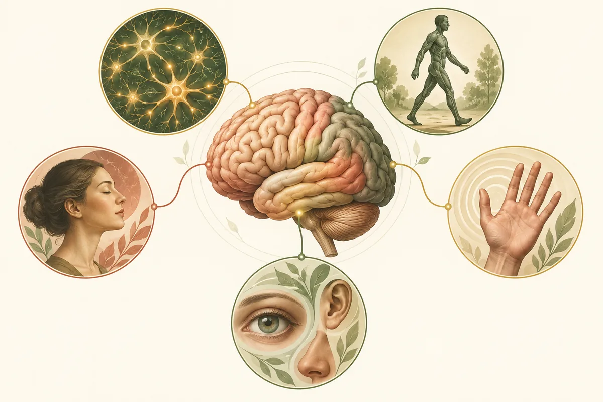 Brain connected to visual symbols for cognition, movement, emotion, touch, and the senses