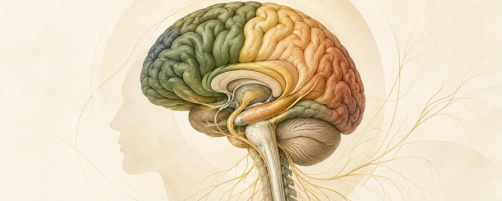 Anatomical brain and upper spinal cord with softly differentiated functional regions
