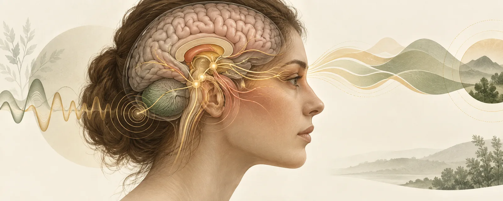 Side-profile head with the brain and subtle neural and sensory pathway activity shown