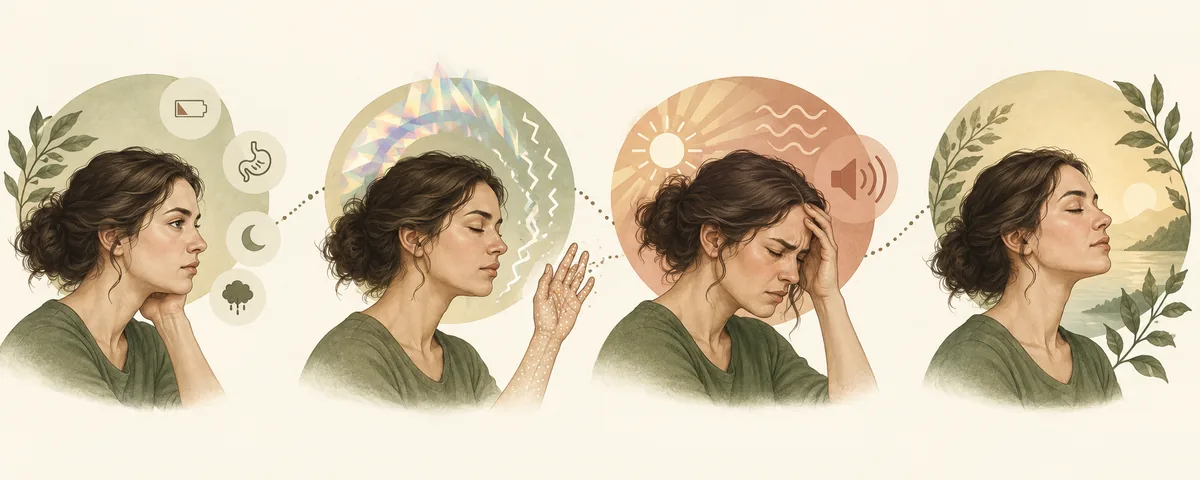 Visual sequence of possible pre-attack, aura, headache, and recovery states