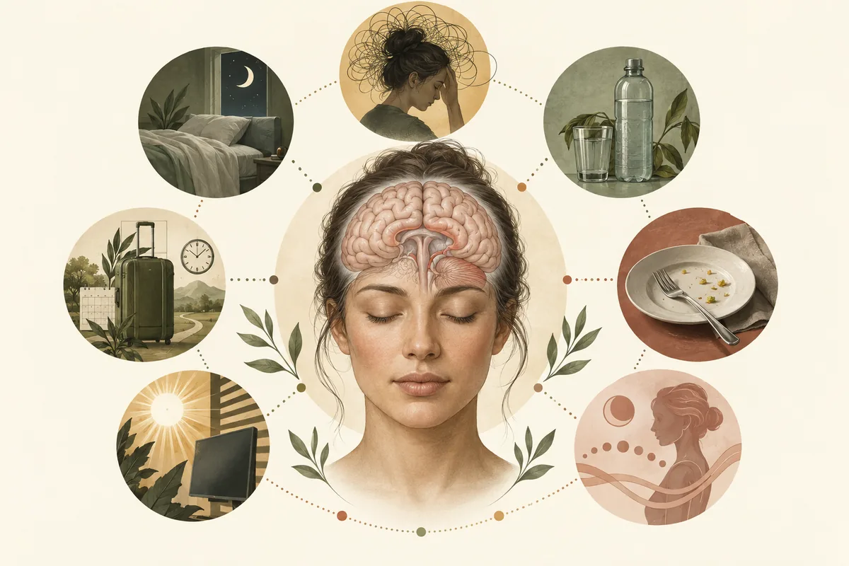 Head and brain surrounded by symbols for sleep, stress, hydration, meals, hormones, bright light, and routine change
