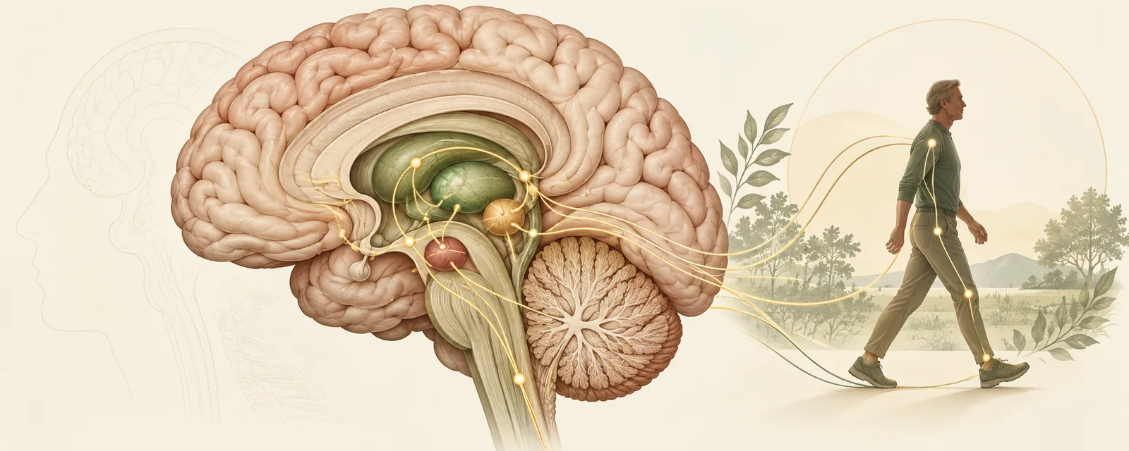 Anatomical brain with deep motor-control regions connected to coordinated walking