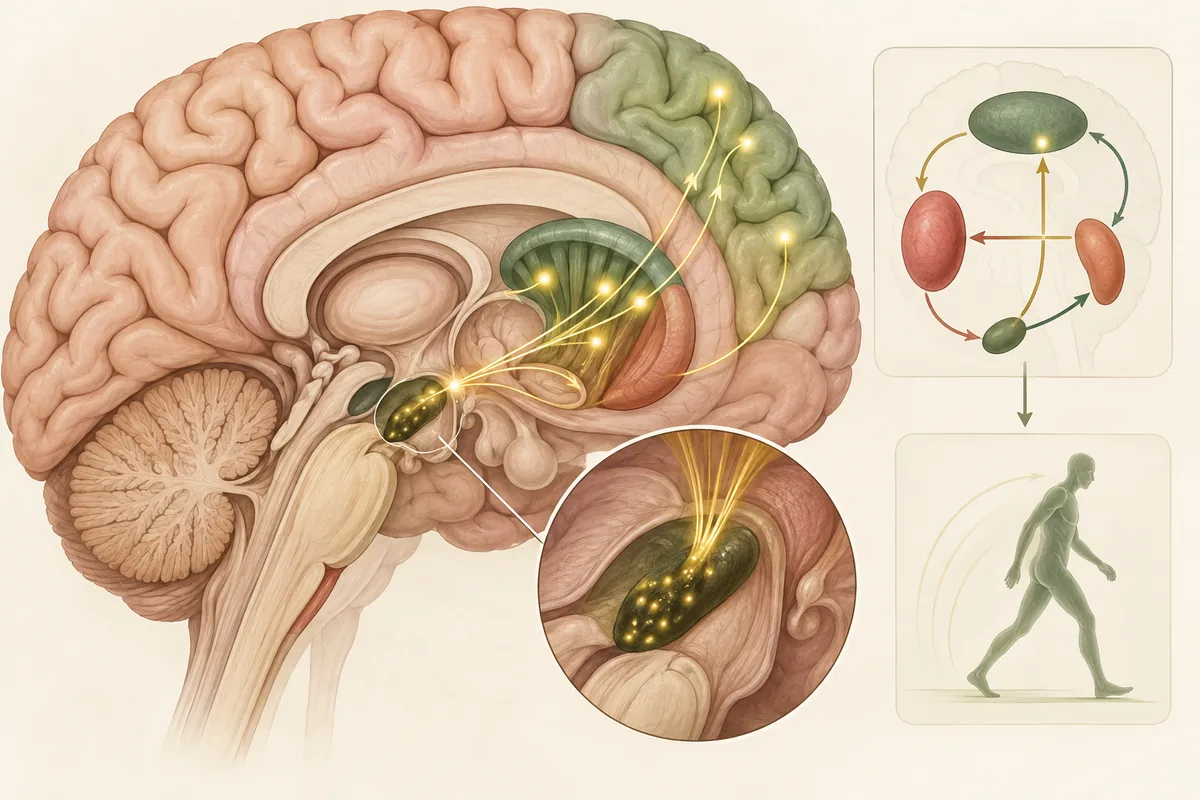 Simplified deep-brain motor circuit with substantia nigra and dopamine pathway concepts