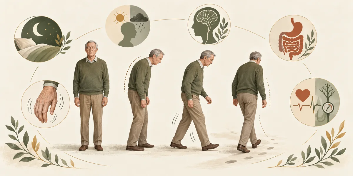 Adult figure showing tremor, posture, balance, and walking changes with non-movement function symbols