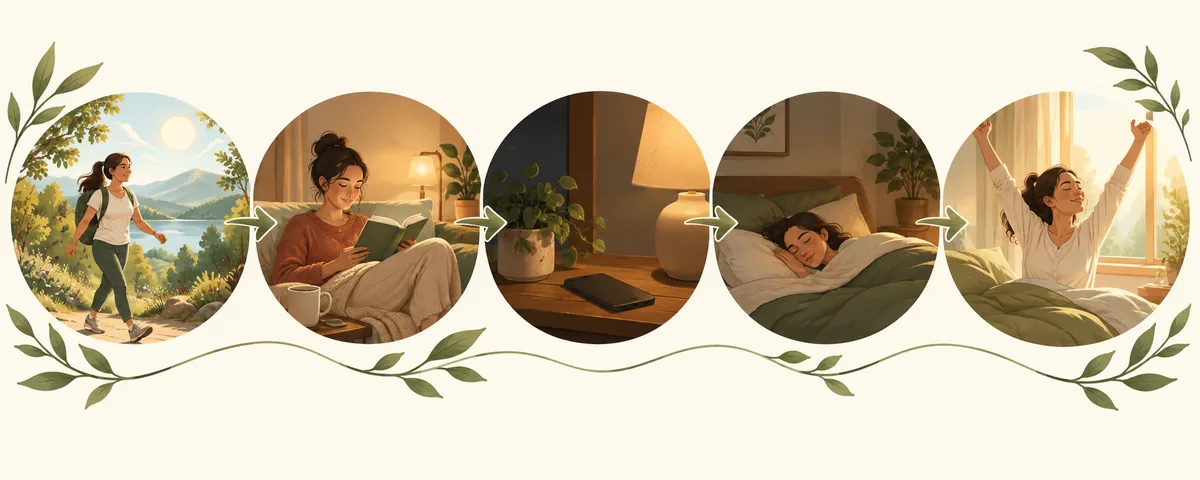 Daily sequence from daytime activity through evening wind-down, sleep, and a consistent wake time