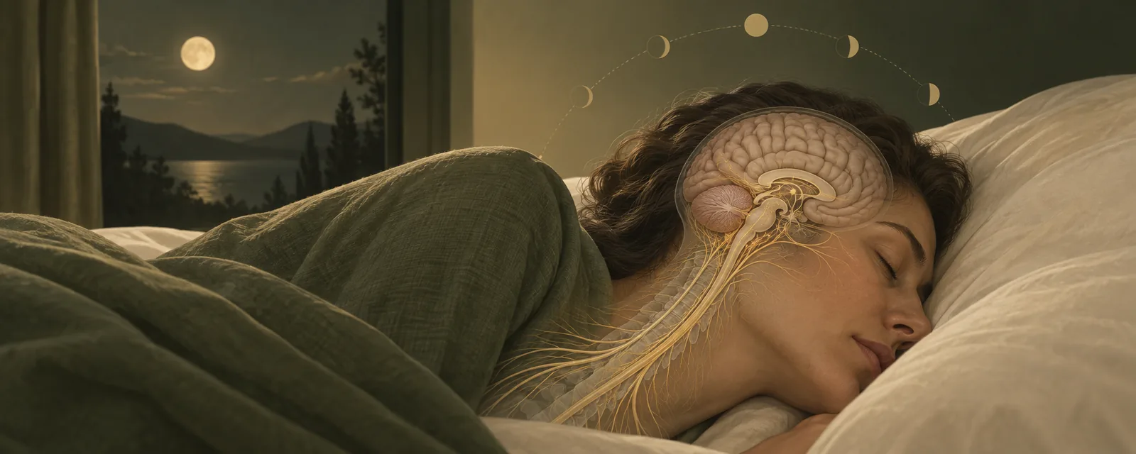 Sleeping adult with the brain and upper nervous-system pathways shown