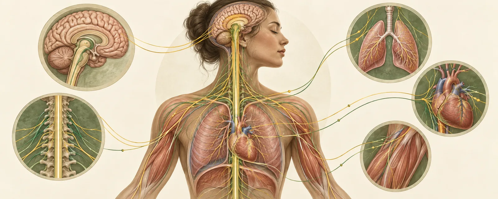 Upper body with the brain, spinal cord, autonomic pathways, heart, lungs, and muscles shown