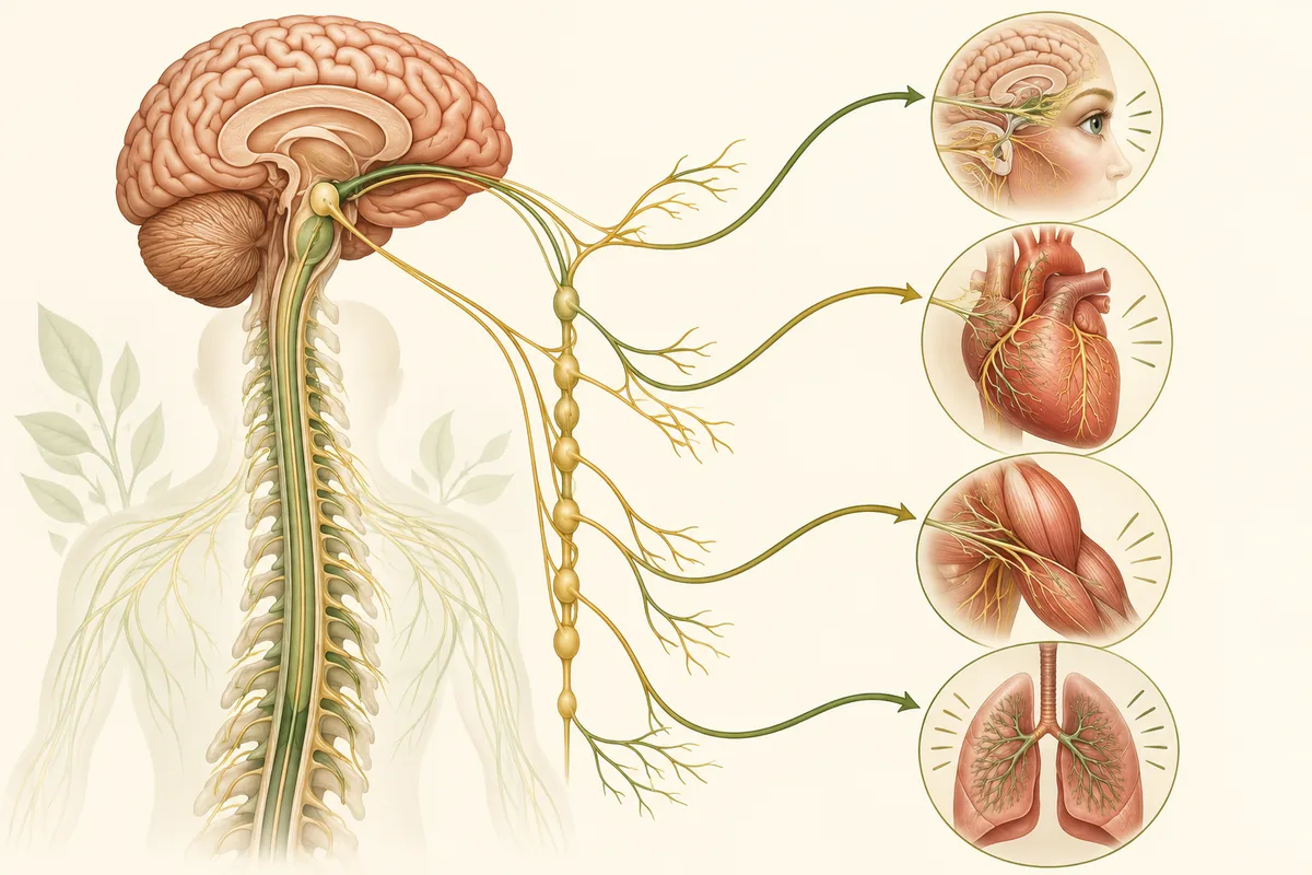 Brain and autonomic pathways connected to alertness, heart, muscles, and breathing