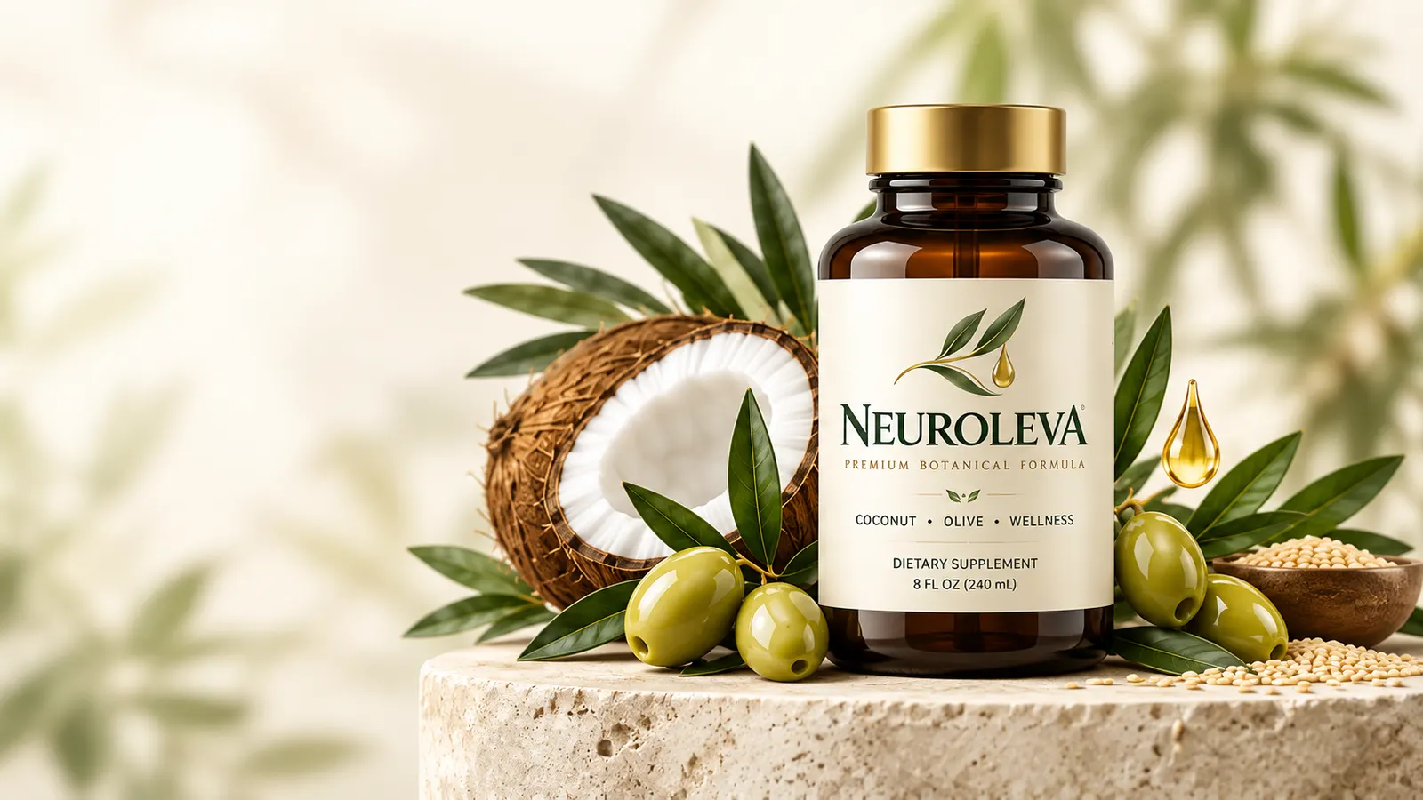 Neuroleva botanical oil blend bottle with coconut, olives, sesame, and leaves