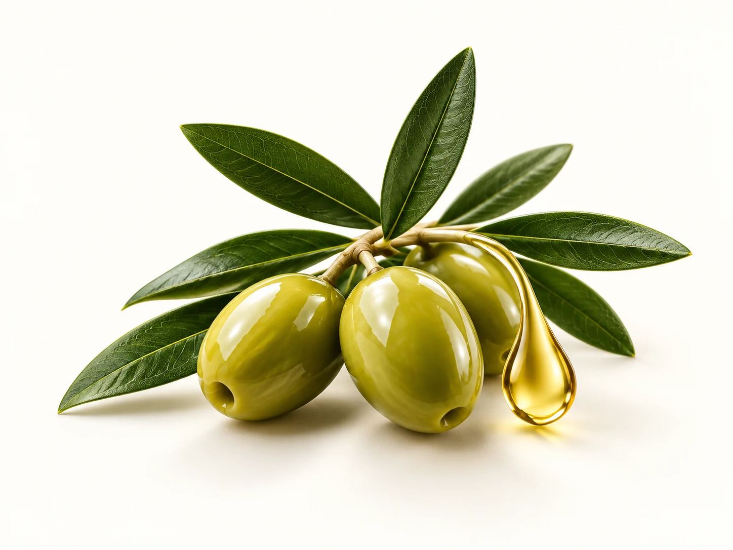 Green olives, leaves, and golden oil