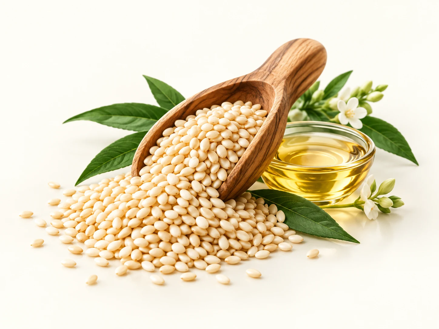 Sesame seeds, spoon, and oil